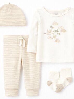 NWT Carter’s Baby Boy Cloud 4-Piece Outfit Set Neutral Beige 12 Months Hat Pants